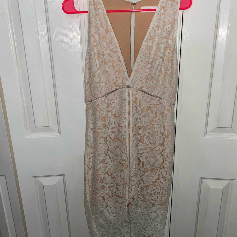 Hi low Bridal white lace dress with nude lining.